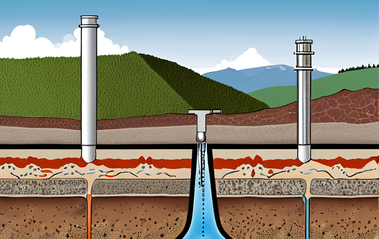 **

A cross-sectional diagram illustrating the various layers beneath a geothermal plant in the German Alps. The diagram should highlight the different soil types (clay, sand, rock), groundwater levels, and how they interact with the geothermal pipes and infrastructure. Show temperature fluctuations around the pipes and potential areas of stress or corrosion. The image should have a slightly educational style. German signage is included, showing "Bodenbeschaffenheit" (Soil Condition), "Grundwasserstand" (Groundwater Level), and "Geothermische Anlage" (Geothermal Plant).

**