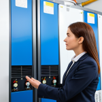 A professional female engineer, fully clothed in a modest business suit, stands in a modern, clean utility room, observing a sleek geothermal heat pump unit. The room is well-lit, emphasizing the advanced technology and efficiency of the system. The scene conveys a sense of innovation and reliable energy solutions. Safe for work, appropriate content, fully clothed, professional, perfect anatomy, correct proportions, natural pose, well-formed hands, proper finger count, natural body proportions, professional photography, high quality.