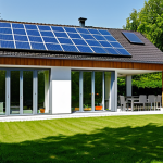 A modern, sustainable family home in a suburban German setting under a clear, sunny sky, prominently featuring photovoltaic solar panels on its roof. The well-maintained garden surrounding the house, with lush greenery, subtly symbolizes the use of geothermal energy. The architecture is clean and contemporary, reflecting an eco-friendly and self-sufficient lifestyle. This high-quality professional photograph emphasizes environmental responsibility and energy independence. safe for work, appropriate content, fully clothed, modest.