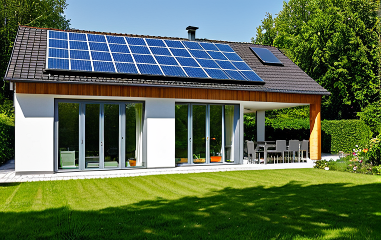 A modern, sustainable family home in a suburban German setting under a clear, sunny sky, prominently featuring photovoltaic solar panels on its roof. The well-maintained garden surrounding the house, with lush greenery, subtly symbolizes the use of geothermal energy. The architecture is clean and contemporary, reflecting an eco-friendly and self-sufficient lifestyle. This high-quality professional photograph emphasizes environmental responsibility and energy independence. safe for work, appropriate content, fully clothed, modest.