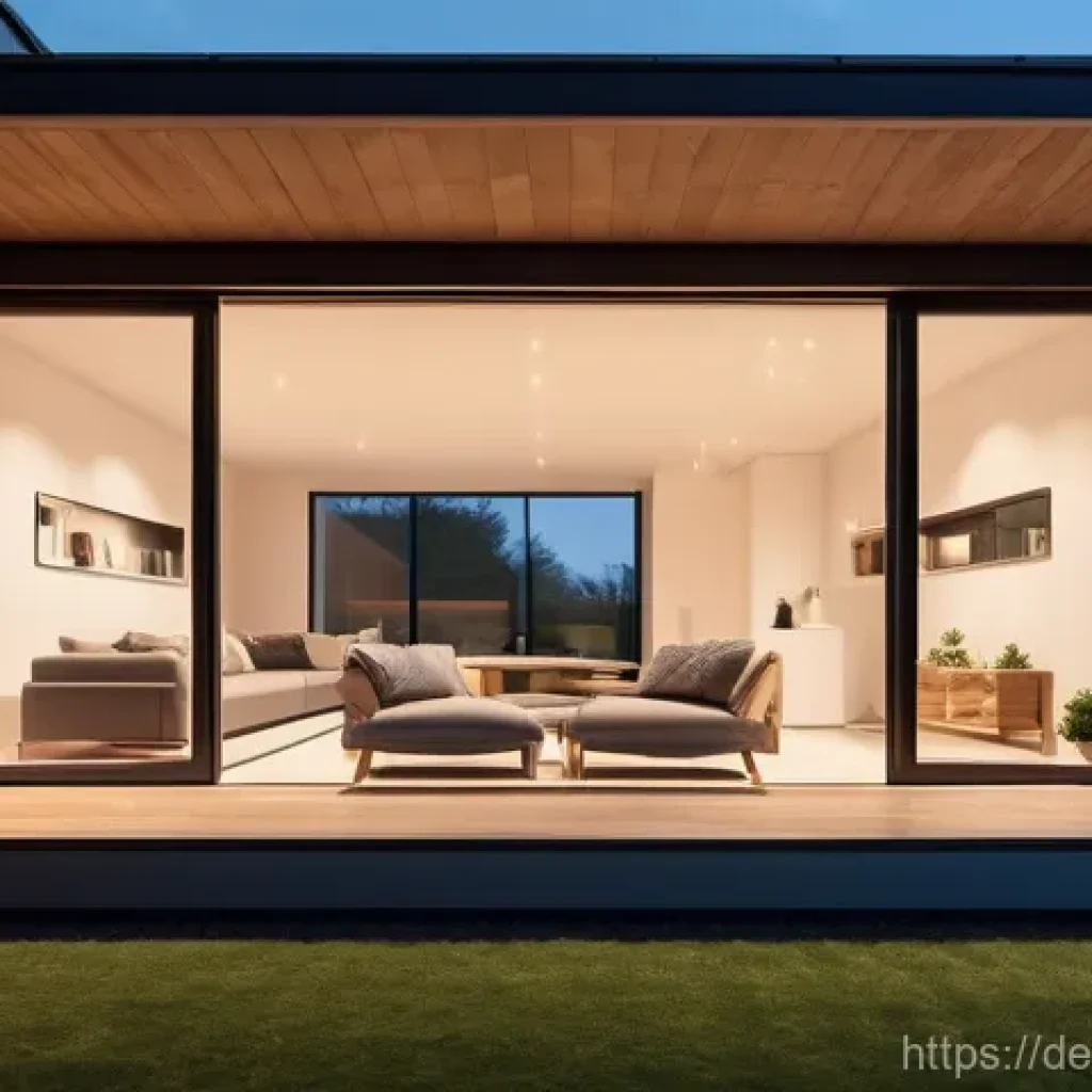 지열 냉난방 시스템과 인공지능 기술의 융합 - **A modern, minimalist German living room at dusk, bathed in warm, inviting light. A modestly dresse...