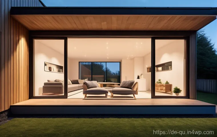 지열 냉난방 시스템과 인공지능 기술의 융합 - **A modern, minimalist German living room at dusk, bathed in warm, inviting light. A modestly dresse...
