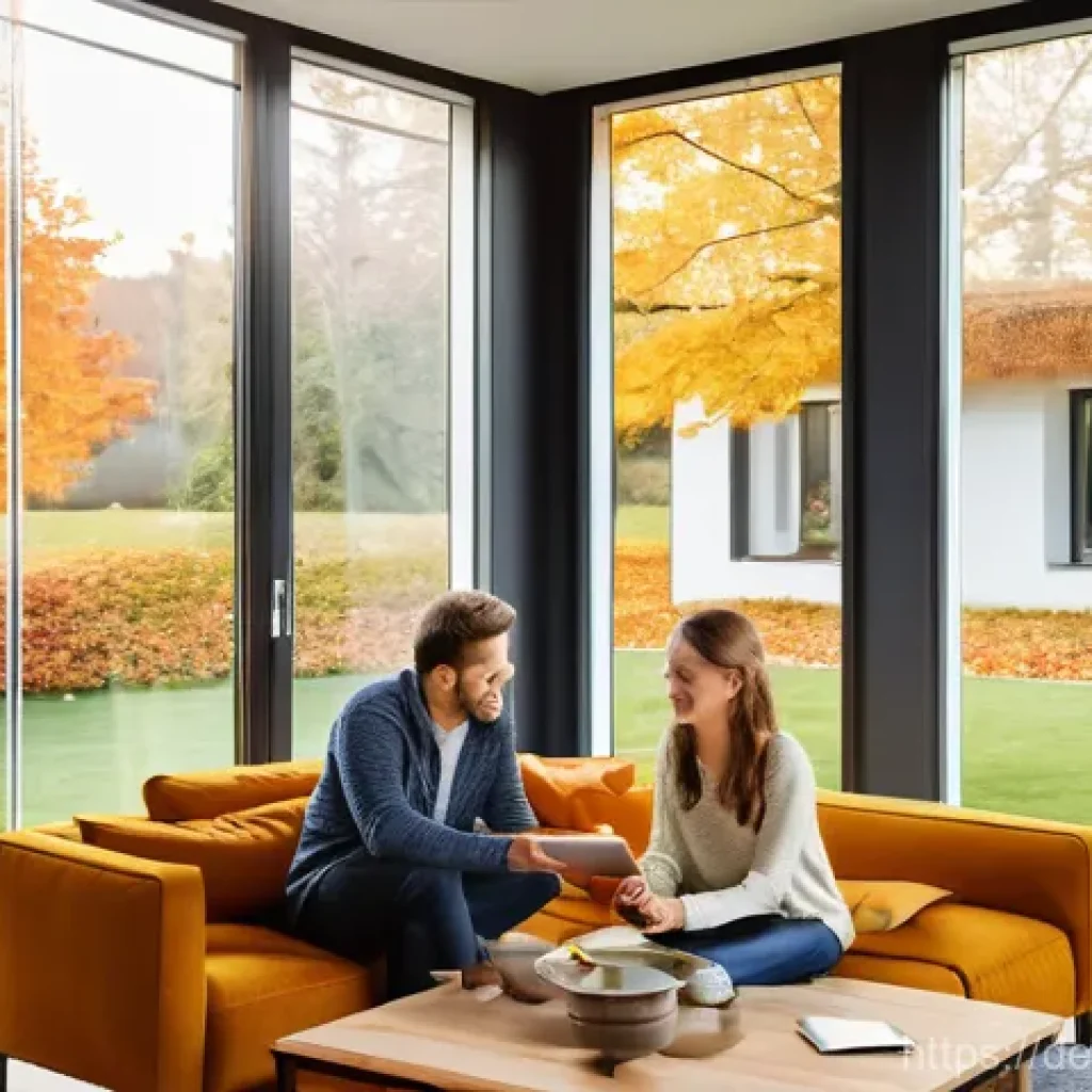 지열 냉난방 시스템의 설치 시기 및 절차 - **Prompt:** A cozy, modern German living room in autumn. A family of three – a father, mother, and t...