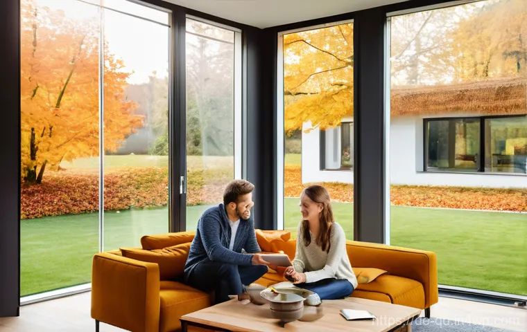 지열 냉난방 시스템의 설치 시기 및 절차 - **Prompt:** A cozy, modern German living room in autumn. A family of three – a father, mother, and t...