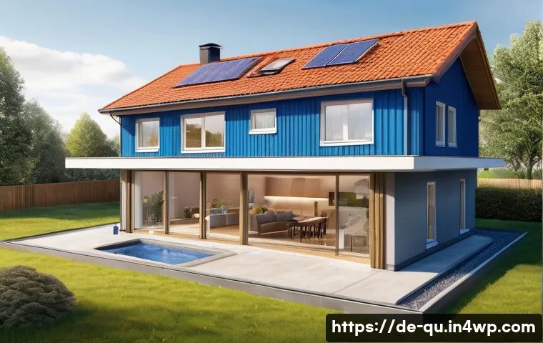 지열 냉난방 시스템 vs 일반 난방 시스템 - A detailed, stylized cross-section illustration of a modern German detached house, revealing the ear...