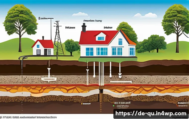 지열 냉난방 시스템의 안전한 설치 방법 - A detailed cross-sectional illustration of geothermal energy installation showing different soil lay...