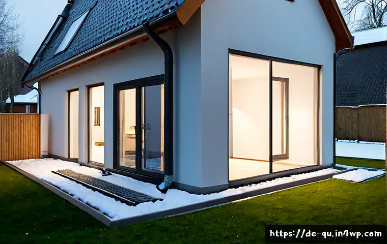 지열 냉난방 시스템의 종류와 선택 기준 - Photorealistic cutaway view of a modern German detached home in a quiet suburban neighborhood, showi...